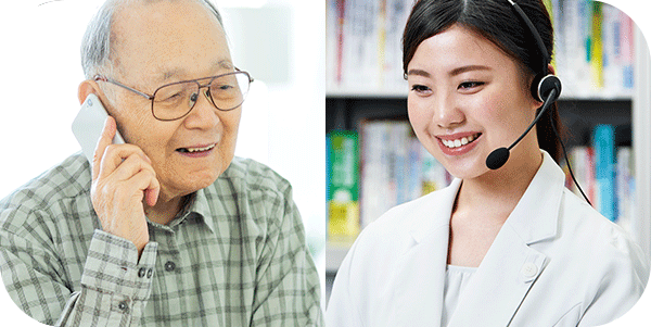 電話でセコムに健康相談をしている高齢の男性と、笑顔で健康相談に応じるセコムの看護師の写真。